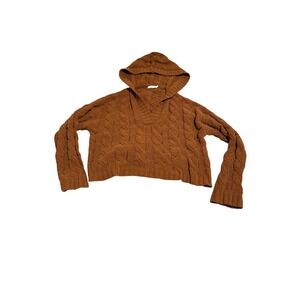 NWOT V-Chic Size Large Women‎ Crop Long Sleeve Brown Knit Sweater V-Neck Hooded